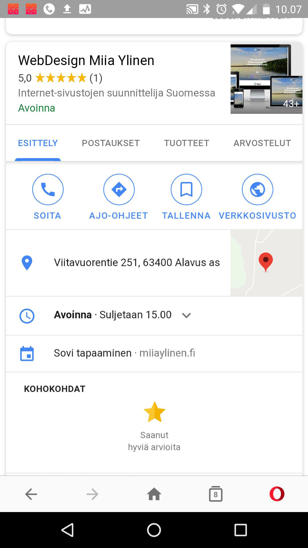 Tältä Google My Business -postaus näyttää puhelimella katsottuna. Yhteystietojen, reittiohjeiden, aukioloaikojen ja muun infon alapuolella näkyvät myös uusimmat postaukset!