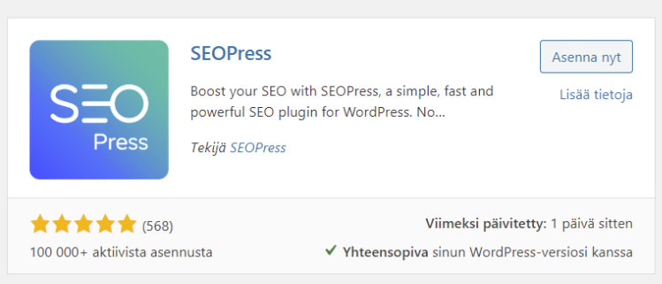Jos nettisivuillasi ei ole vielä SEO-lisäosaa, etsi hausta SEOPress-lisäosa ja asenna se WordPressiisi.