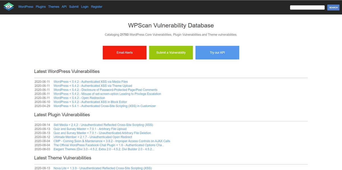 WP Scan Vulnerability Database -sivu.