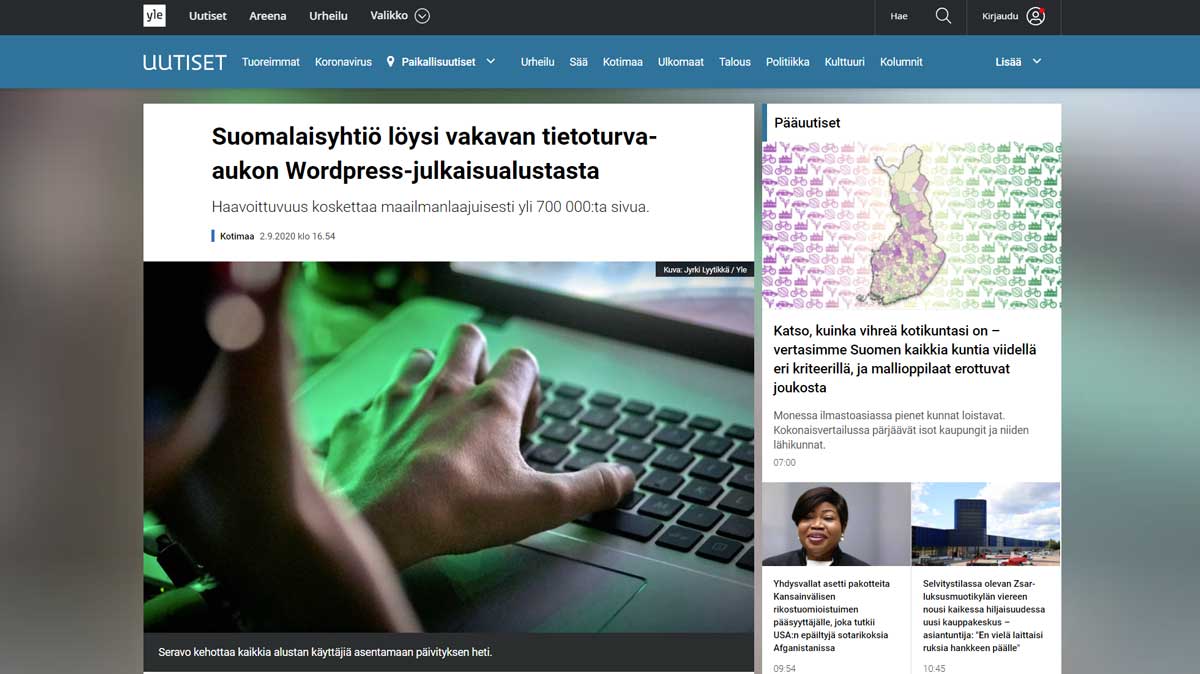 Ylen uutinen tietoturva-aukosta ja otsikoi harhaanjohtavasti "Suomalaisyhtiö löysi vakavan tietoturva-aukon WordPress-julkaisualustasta".