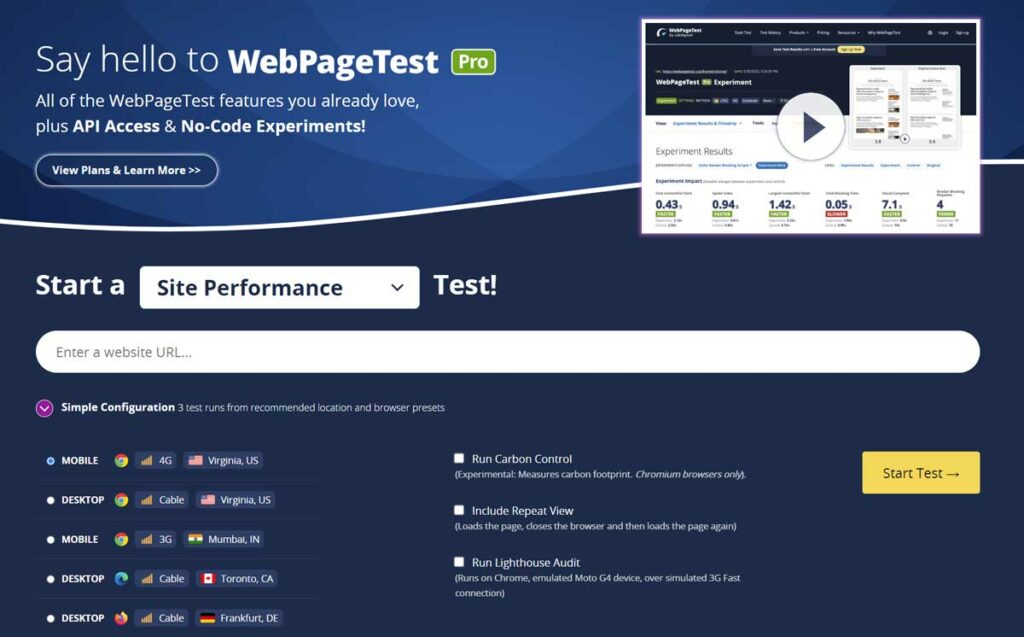 WebPageTest mittaa sivujesi suorituskykyä esimerkiksi eri sijainneista tai eri laitteista.